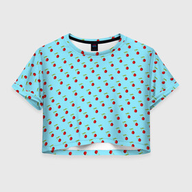 Женская футболка Crop-top 3D с принтом Узор с вишни на голубом фоне , 100% полиэстер | круглая горловина, длина футболки до линии талии, рукава с отворотами | вишенки | вишни | декор | лето | плоды | узор | фрукты | черешни | ягоды