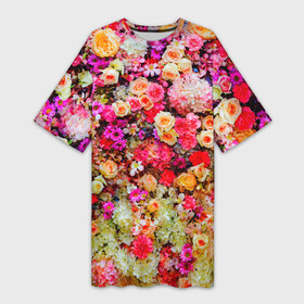 Платье-футболка 3D с принтом Цветы ,  |  | весна | красивые цветы | красота | милые цветы | орхидея | пион | роза | розы | ромашка | сад | сирень | фиалка | цветок | цветочки | цветы