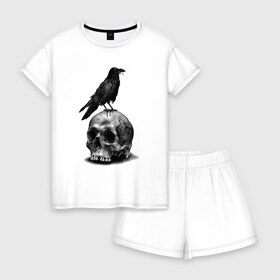Женская пижама с шортиками хлопок с принтом Ворона , 100% хлопок | футболка прямого кроя, шорты свободные с широкой мягкой резинкой | арт | ворона | карандаш | птица | череп