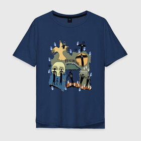 Мужская футболка хлопок Oversize с принтом Этнический стиль , 100% хлопок | свободный крой, круглый ворот, “спинка” длиннее передней части | белый | ворон | золотой | иероглифы | индейцы | луна | люди | охота | ритуал | синий | солнце | этника