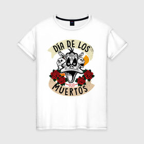Женская футболка хлопок с принтом Dia De Los Muertos , 100% хлопок | прямой крой, круглый вырез горловины, длина до линии бедер, слегка спущенное плечо | Тематика изображения на принте: daffy duck | looney tunes | vdzabma | даффи дак | луни тюнз