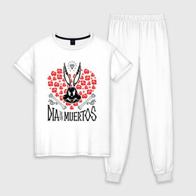 Женская пижама хлопок с принтом Dia De Los Muertos , 100% хлопок | брюки и футболка прямого кроя, без карманов, на брюках мягкая резинка на поясе и по низу штанин | bugs bunny | looney tunes | vdzabma | багз банни | луни тюнз