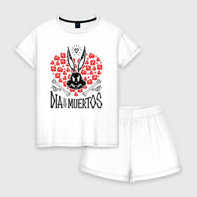 Женская пижама с шортиками хлопок с принтом Dia De Los Muertos , 100% хлопок | футболка прямого кроя, шорты свободные с широкой мягкой резинкой | bugs bunny | looney tunes | vdzabma | багз банни | луни тюнз