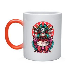 Кружка хамелеон с принтом Японская гейша воительница , керамика | меняет цвет при нагревании, емкость 330 мл | Тематика изображения на принте: 