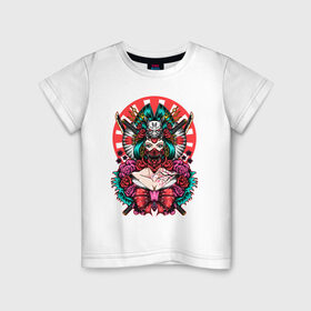 Детская футболка хлопок с принтом Японская гейша воительница , 100% хлопок | круглый вырез горловины, полуприлегающий силуэт, длина до линии бедер | катана | цветы | череп | япония