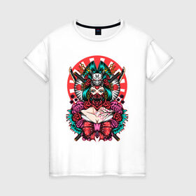 Женская футболка хлопок с принтом Японская гейша воительница , 100% хлопок | прямой крой, круглый вырез горловины, длина до линии бедер, слегка спущенное плечо | катана | цветы | череп | япония