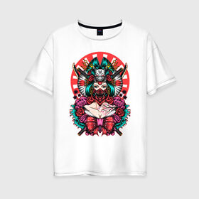 Женская футболка хлопок Oversize с принтом Японская гейша воительница , 100% хлопок | свободный крой, круглый ворот, спущенный рукав, длина до линии бедер
 | катана | цветы | череп | япония