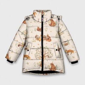 Зимняя куртка для девочек 3D с принтом Forest animals , ткань верха — 100% полиэстер; подклад — 100% полиэстер, утеплитель — 100% полиэстер. | длина ниже бедра, удлиненная спинка, воротник стойка и отстегивающийся капюшон. Есть боковые карманы с листочкой на кнопках, утяжки по низу изделия и внутренний карман на молнии. 

Предусмотрены светоотражающий принт на спинке, радужный светоотражающий элемент на пуллере молнии и на резинке для утяжки. | белки | детские принты | животные | зайчики | картинки детские | кролики | лесные животные | милые животные | милые звери