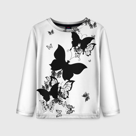 Детский лонгслив 3D с принтом Черные бабочки на белом , 100% полиэстер | длинные рукава, круглый вырез горловины, полуприлегающий силуэт
 | angel | black and white | butterfly | fairy | fashion girl | wings | ангел | бабочка | девушке | животные | крылья | летающие | магия | махаон | мотылек | мотыльки | насекомые | нежные | подарок | природа | сказочные | татуировки