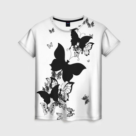 Женская футболка 3D с принтом Черные бабочки на белом , 100% полиэфир ( синтетическое хлопкоподобное полотно) | прямой крой, круглый вырез горловины, длина до линии бедер | angel | black and white | butterfly | fairy | fashion girl | wings | ангел | бабочка | девушке | животные | крылья | летающие | магия | махаон | мотылек | мотыльки | насекомые | нежные | подарок | природа | сказочные | татуировки