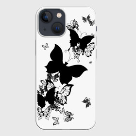 Чехол для iPhone 13 mini с принтом Черные бабочки на белом ,  |  | angel | black and white | butterfly | fairy | fashion girl | wings | ангел | бабочка | девушке | животные | крылья | летающие | магия | махаон | мотылек | мотыльки | насекомые | нежные | подарок | природа | сказочные | татуировки
