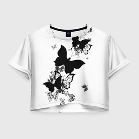 Женская футболка Crop-top 3D с принтом Черные бабочки на белом , 100% полиэстер | круглая горловина, длина футболки до линии талии, рукава с отворотами | angel | black and white | butterfly | fairy | fashion girl | wings | ангел | бабочка | девушке | животные | крылья | летающие | магия | махаон | мотылек | мотыльки | насекомые | нежные | подарок | природа | сказочные | татуировки
