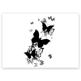 Поздравительная открытка с принтом Черные бабочки на белом , 100% бумага | плотность бумаги 280 г/м2, матовая, на обратной стороне линовка и место для марки
 | angel | black and white | butterfly | fairy | fashion girl | wings | ангел | бабочка | девушке | животные | крылья | летающие | магия | махаон | мотылек | мотыльки | насекомые | нежные | подарок | природа | сказочные | татуировки