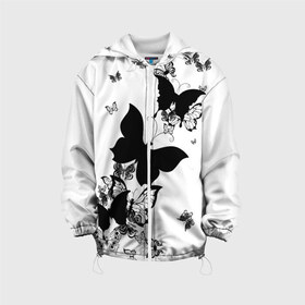 Детская куртка 3D с принтом Черные бабочки на белом , 100% полиэстер | застежка — молния, подол и капюшон оформлены резинкой с фиксаторами, по бокам — два кармана без застежек, один потайной карман на груди, плотность верхнего слоя — 90 г/м2; плотность флисового подклада — 260 г/м2 | angel | black and white | butterfly | fairy | fashion girl | wings | ангел | бабочка | девушке | животные | крылья | летающие | магия | махаон | мотылек | мотыльки | насекомые | нежные | подарок | природа | сказочные | татуировки