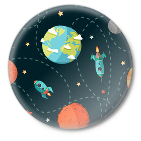Значок с принтом Космический перелёт ,  металл | круглая форма, металлическая застежка в виде булавки | арт | звезда | звёзды | земля | космос | марс | перелёт | планета | планеты | полёт | ракета | ракеты | рисунок | сатурн | юпитер