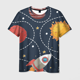 Мужская футболка 3D с принтом Космический перелёт , 100% полиэфир | прямой крой, круглый вырез горловины, длина до линии бедер | арт | звезда | звёзды | земля | космос | марс | перелёт | планета | планеты | полёт | ракета | ракеты | рисунок | сатурн | солнце | юпитер