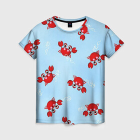 Женская футболка 3D с принтом Раки , 100% полиэфир ( синтетическое хлопкоподобное полотно) | прямой крой, круглый вырез горловины, длина до линии бедер | арт | белый | красные раки | красный | красный рак | море | морская пена | пена | рак | раки | рисунок | синий