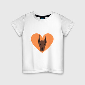 Детская футболка хлопок с принтом Сердечный Доберман , 100% хлопок | круглый вырез горловины, полуприлегающий силуэт, длина до линии бедер | Тематика изображения на принте: доберман | животное | клыки | коричневый | красный | лапы | любовь | оранжевый | пес | питомец | подарок | сердце | собака | улыбка | шерсть | щенок