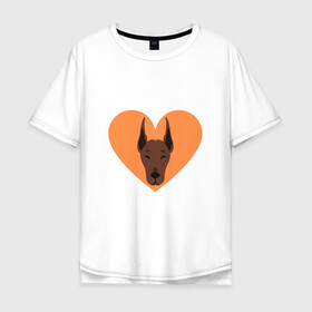 Мужская футболка хлопок Oversize с принтом Сердечный Доберман , 100% хлопок | свободный крой, круглый ворот, “спинка” длиннее передней части | доберман | животное | клыки | коричневый | красный | лапы | любовь | оранжевый | пес | питомец | подарок | сердце | собака | улыбка | шерсть | щенок