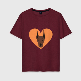 Женская футболка хлопок Oversize с принтом Сердечный Доберман , 100% хлопок | свободный крой, круглый ворот, спущенный рукав, длина до линии бедер
 | доберман | животное | клыки | коричневый | красный | лапы | любовь | оранжевый | пес | питомец | подарок | сердце | собака | улыбка | шерсть | щенок