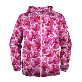 Мужская ветровка 3D с принтом Розовые орхидеи , 100% полиэстер | подол и капюшон оформлены резинкой с фиксаторами, два кармана без застежек по бокам, один потайной карман на груди | fashion flowers | pink | tropical | азия | бабочки | бразилия | букет | бутоны | джунгли | лепестки | лето | любимая | марта | нежные | орхидея | подарок | природа | растения | тропики | тропические | узор | цветение