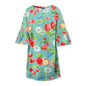 Детское платье 3D с принтом Яркое лето , 100% полиэстер | прямой силуэт, чуть расширенный к низу. Круглая горловина, на рукавах — воланы | арт | бирюзовый | зелёный | клубника | рисунок | ромашка | ромашки | цвета | цветы | черника | яблоки | яблоко
