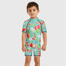 Детский купальный костюм 3D с принтом Яркое лето , Полиэстер 85%, Спандекс 15% | застежка на молнии на спине | арт | бирюзовый | зелёный | клубника | рисунок | ромашка | ромашки | цвета | цветы | черника | яблоки | яблоко