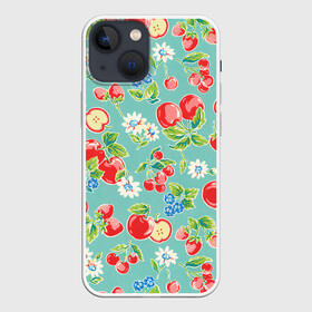 Чехол для iPhone 13 mini с принтом Яркое лето ,  |  | арт | бирюзовый | зелёный | клубника | рисунок | ромашка | ромашки | цвета | цветы | черника | яблоки | яблоко