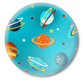 Значок с принтом Необычные планеты ,  металл | круглая форма, металлическая застежка в виде булавки | арт | бирюзовый | венера | звезда | звёзды | земля | марс | планета | планеты | рисунок | рисунок карандашом | сатурн | синий