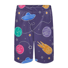 Детские спортивные шорты 3D с принтом Космические туристы ,  100% полиэстер
 | пояс оформлен широкой мягкой резинкой, ткань тянется
 | Тематика изображения на принте: арт | венера | звезда | звёзды | земля | инопланетяне | космос | марс | нло | ночь | планета | планеты | рисунок | сияние | тарелка | тарелки | юпитер