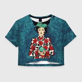 Женская футболка Crop-top 3D с принтом Самоцветная девушка , 100% полиэстер | круглая горловина, длина футболки до линии талии, рукава с отворотами | flowers | girl | венок | девушка | лилии | одуванчики | птичка | ромашки | синичка | узор | цветы
