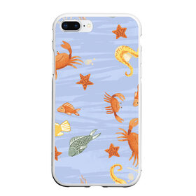 Чехол для iPhone 7Plus/8 Plus матовый с принтом Морские обитатели , Силикон | Область печати: задняя сторона чехла, без боковых панелей | Тематика изображения на принте: арт | жёлтый | звезда | звёзды | коралл | кораллы | краб | крабы | красный | медуза | медузы | море | морская звезда | морские звёзды | морские коньки | морской конёк | песок | рисунок | рыба | рыбы