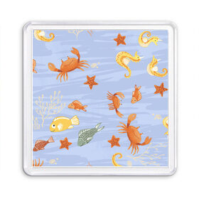 Магнит 55*55 с принтом Морские обитатели , Пластик | Размер: 65*65 мм; Размер печати: 55*55 мм | арт | жёлтый | звезда | звёзды | коралл | кораллы | краб | крабы | красный | медуза | медузы | море | морская звезда | морские звёзды | морские коньки | морской конёк | песок | рисунок | рыба | рыбы