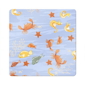 Магнит виниловый Квадрат с принтом Морские обитатели , полимерный материал с магнитным слоем | размер 9*9 см, закругленные углы | арт | жёлтый | звезда | звёзды | коралл | кораллы | краб | крабы | красный | медуза | медузы | море | морская звезда | морские звёзды | морские коньки | морской конёк | песок | рисунок | рыба | рыбы
