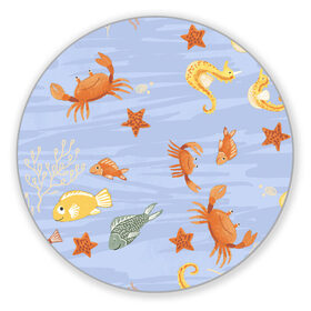 Коврик для мышки круглый с принтом Морские обитатели , резина и полиэстер | круглая форма, изображение наносится на всю лицевую часть | арт | жёлтый | звезда | звёзды | коралл | кораллы | краб | крабы | красный | медуза | медузы | море | морская звезда | морские звёзды | морские коньки | морской конёк | песок | рисунок | рыба | рыбы