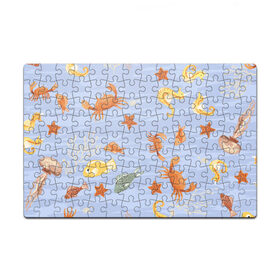Пазл магнитный 126 элементов с принтом Морские обитатели , полимерный материал с магнитным слоем | 126 деталей, размер изделия —  180*270 мм | арт | жёлтый | звезда | звёзды | коралл | кораллы | краб | крабы | красный | медуза | медузы | море | морская звезда | морские звёзды | морские коньки | морской конёк | песок | рисунок | рыба | рыбы