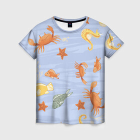 Женская футболка 3D с принтом Морские обитатели , 100% полиэфир ( синтетическое хлопкоподобное полотно) | прямой крой, круглый вырез горловины, длина до линии бедер | арт | жёлтый | звезда | звёзды | коралл | кораллы | краб | крабы | красный | медуза | медузы | море | морская звезда | морские звёзды | морские коньки | морской конёк | песок | рисунок | рыба | рыбы