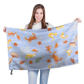 Флаг 3D с принтом Морские обитатели , 100% полиэстер | плотность ткани — 95 г/м2, размер — 67 х 109 см. Принт наносится с одной стороны | арт | жёлтый | звезда | звёзды | коралл | кораллы | краб | крабы | красный | медуза | медузы | море | морская звезда | морские звёзды | морские коньки | морской конёк | песок | рисунок | рыба | рыбы