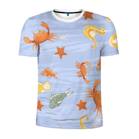 Мужская футболка 3D спортивная с принтом Морские обитатели , 100% полиэстер с улучшенными характеристиками | приталенный силуэт, круглая горловина, широкие плечи, сужается к линии бедра | арт | жёлтый | звезда | звёзды | коралл | кораллы | краб | крабы | красный | медуза | медузы | море | морская звезда | морские звёзды | морские коньки | морской конёк | песок | рисунок | рыба | рыбы