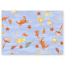 Поздравительная открытка с принтом Морские обитатели , 100% бумага | плотность бумаги 280 г/м2, матовая, на обратной стороне линовка и место для марки
 | арт | жёлтый | звезда | звёзды | коралл | кораллы | краб | крабы | красный | медуза | медузы | море | морская звезда | морские звёзды | морские коньки | морской конёк | песок | рисунок | рыба | рыбы