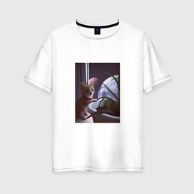 Женская футболка хлопок Oversize с принтом Космос за окном , 100% хлопок | свободный крой, круглый ворот, спущенный рукав, длина до линии бедер
 | cat | space | космос | кот | котик | кошка | мем | планета | прикол
