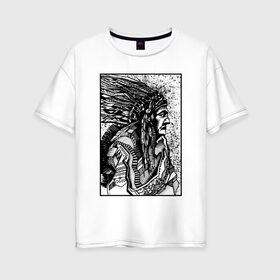 Женская футболка хлопок Oversize с принтом Drawing indian , 100% хлопок | свободный крой, круглый ворот, спущенный рукав, длина до линии бедер
 | black | drawing | indian | индеец | рисунок | черный