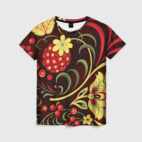 Женская футболка 3D с принтом Хохлома , 100% полиэфир ( синтетическое хлопкоподобное полотно) | прямой крой, круглый вырез горловины, длина до линии бедер | арт | вектор | желтый | зеленый | золотой | красный | малина | народный рисунок | рисунок | хохлома | цветок | цветы | чёрный | ягода | ягоды