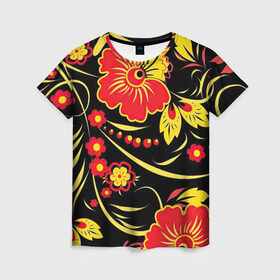 Женская футболка 3D с принтом Хохлома , 100% полиэфир ( синтетическое хлопкоподобное полотно) | прямой крой, круглый вырез горловины, длина до линии бедер | арт | вектор | желтый | золотой | красный | народный рисунок | рисунок | хохлома | цветок | цветы | чёрный