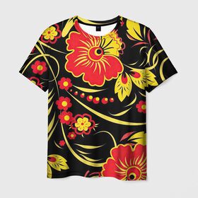 Мужская футболка 3D с принтом Хохлома , 100% полиэфир | прямой крой, круглый вырез горловины, длина до линии бедер | Тематика изображения на принте: арт | вектор | желтый | золотой | красный | народный рисунок | рисунок | хохлома | цветок | цветы | чёрный