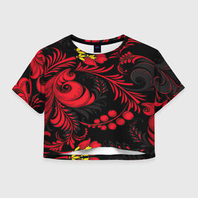 Женская футболка Crop-top 3D с принтом Хохлома , 100% полиэстер | круглая горловина, длина футболки до линии талии, рукава с отворотами | арт | вектор | желтый | золотой | клюква | красный | народный рисунок | рисунок | хохлома | цветок | цветы | чёрный | ягода | ягоды