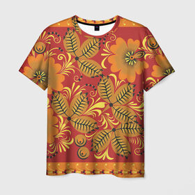 Мужская футболка 3D с принтом Хохлома , 100% полиэфир | прямой крой, круглый вырез горловины, длина до линии бедер | Тематика изображения на принте: арт | вектор | желтый | зеленый | золотой | красный | народный рисунок | оранжевый | рисунок | хохлома | цветок | цветы | чёрный