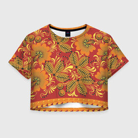 Женская футболка Crop-top 3D с принтом Хохлома , 100% полиэстер | круглая горловина, длина футболки до линии талии, рукава с отворотами | арт | вектор | желтый | зеленый | золотой | красный | народный рисунок | оранжевый | рисунок | хохлома | цветок | цветы | чёрный