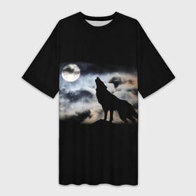 Платье-футболка 3D с принтом Волк ,  |  | wolf | волк | волк воет на луну | готика