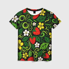 Женская футболка 3D с принтом Хохлома , 100% полиэфир ( синтетическое хлопкоподобное полотно) | прямой крой, круглый вырез горловины, длина до линии бедер | арт | вектор | желтый | зеленый | золотой | клубника | красный | народный рисунок | рисунок | хохлома | цветок | цветы | чёрный | ягода | ягоды